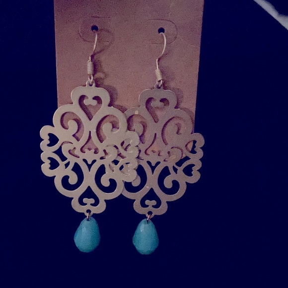Boho Gold colour earrings with Turquoise accent 6cm long - Picture 1 of 3